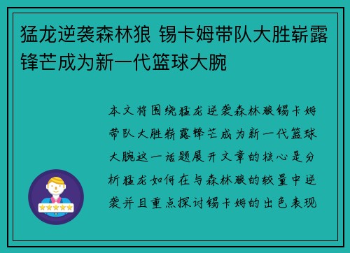 猛龙逆袭森林狼 锡卡姆带队大胜崭露锋芒成为新一代篮球大腕