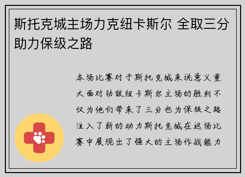 斯托克城主场力克纽卡斯尔 全取三分助力保级之路